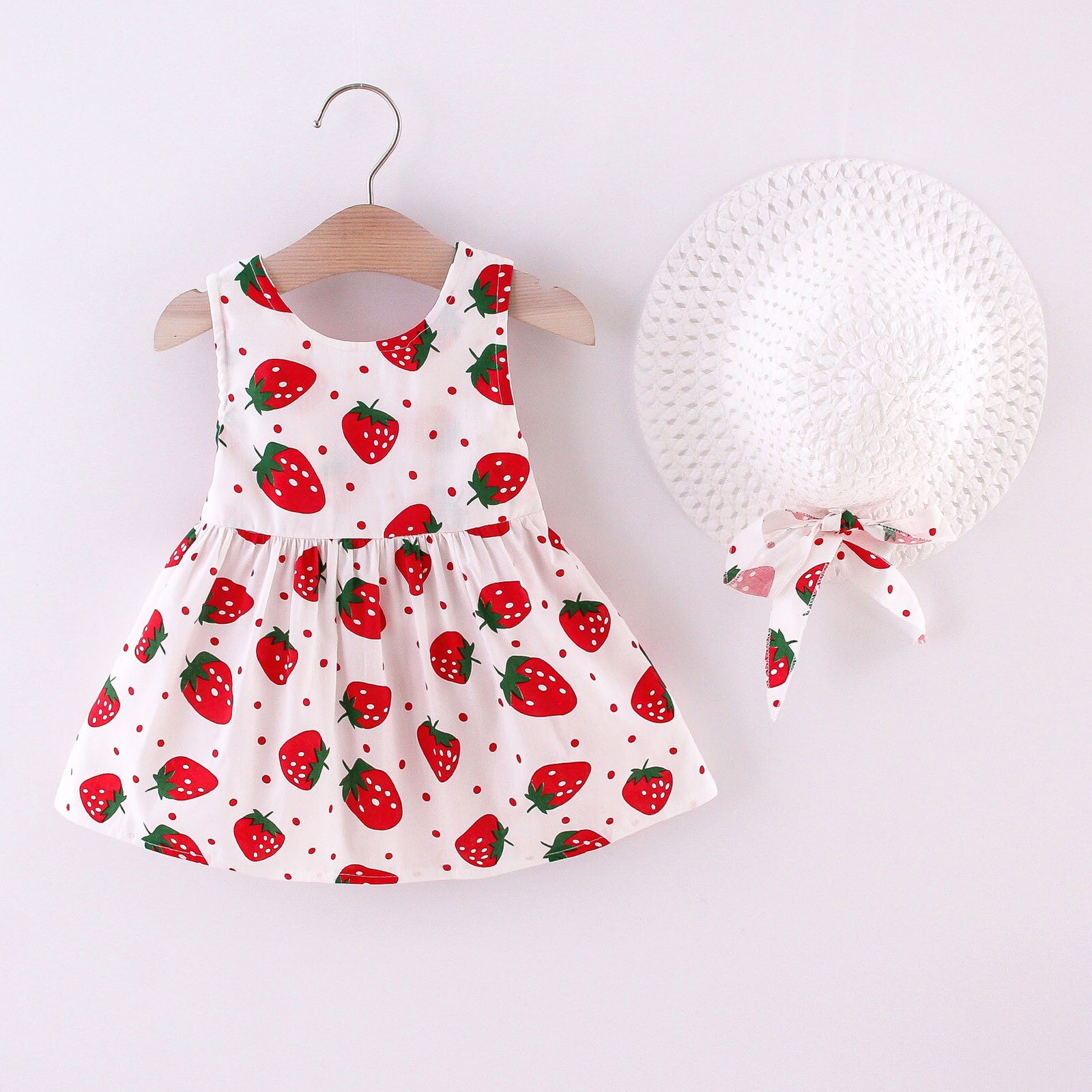 Robe d'été pour -né, vêtements pour filles, tenue de fête, sans manches, motif fraise, avec nœud de plage, princesse, chapeau