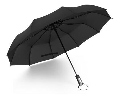 10 Botten volautomatische 3 Vouwen Zakelijke Paraplu Dual-purpose Winddicht Versterking Zwarte Coating Parasol: Black