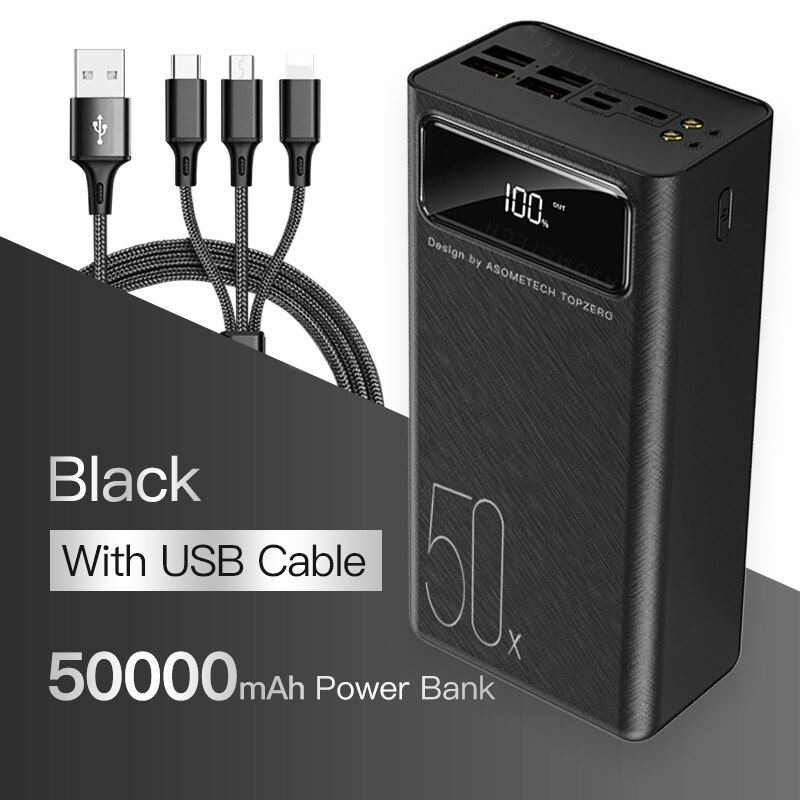 ASOMETECH 50000mAh Power Bank Dual USB Fast Charging External Battery Powerbank Digital Display Portable Charger for iPhone 11: Black with cable