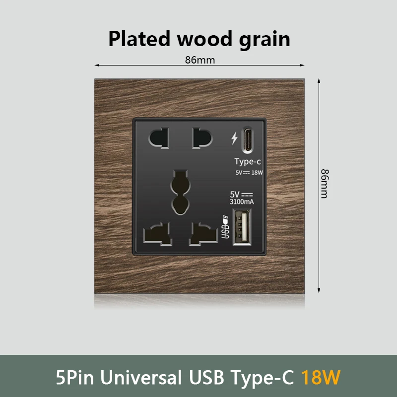 Interrupteur d'éclairage mural rétro grain de bois, prise de courant murale rapide de Type C 18W 220V, prise électrique européenne EU FR avec chargeur USB
