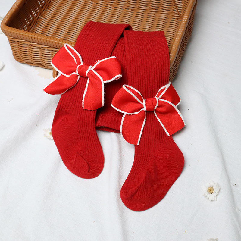 Infantil meias de natal com nervuras meias meninas estiramento meados de rise collants com arcos (vermelho) roupas de bebê inverno: 03 / 90-100cm