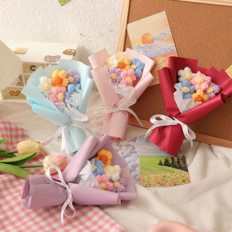 Mini buquê de flores de tricô feito à mão, buquê de flores de crochê com acabamento, caixa de presente para festa de casamento, acompanha buquê pequeno