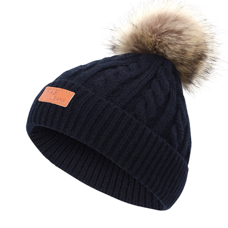 Børns vinterhue drenge og piger pompon læder strik hue varme striber sød sjov baby hat behagelige sombrero ærter: Sort