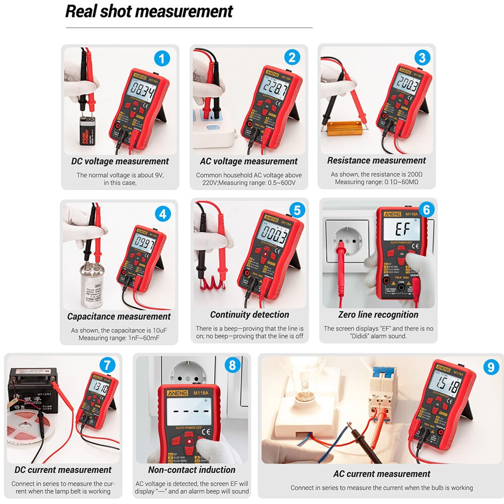 Aneng High-Precision Automatic Range Multimeter, Multi-Function Small Electrician Instrument Digital Universal Meter M118A