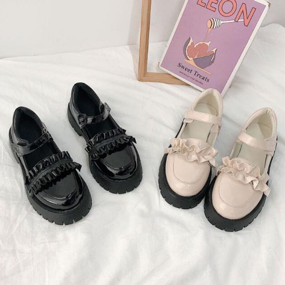 Lolita kengät kawaii kengät naiset harajuku nukke kengät pyöreä varvas alusta yksikengät naisten pienet nahkakengät zapatos mujer 388