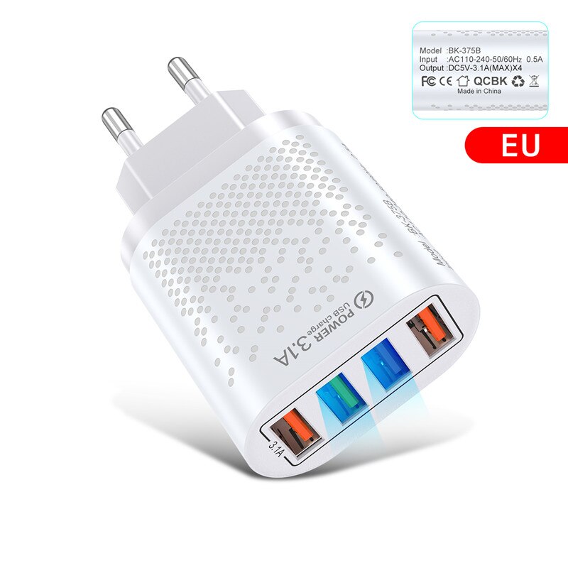 USLION 48W ładowarka USB szybkie ładowanie QC 3.0 ściana ładowanie dla iPhone 12 11 Samsung Xiaomi Mobile 4 porty ue usa wtyczka Adapter podróży: White EU