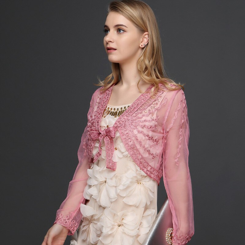 Zomer Vrouwen Kant Bolero Jas Schouderophalen Lange Mouw Korte Dunne Haak Borduren Gestreepte Vrouwelijke Shawl Vrouwen Vest Met Riem