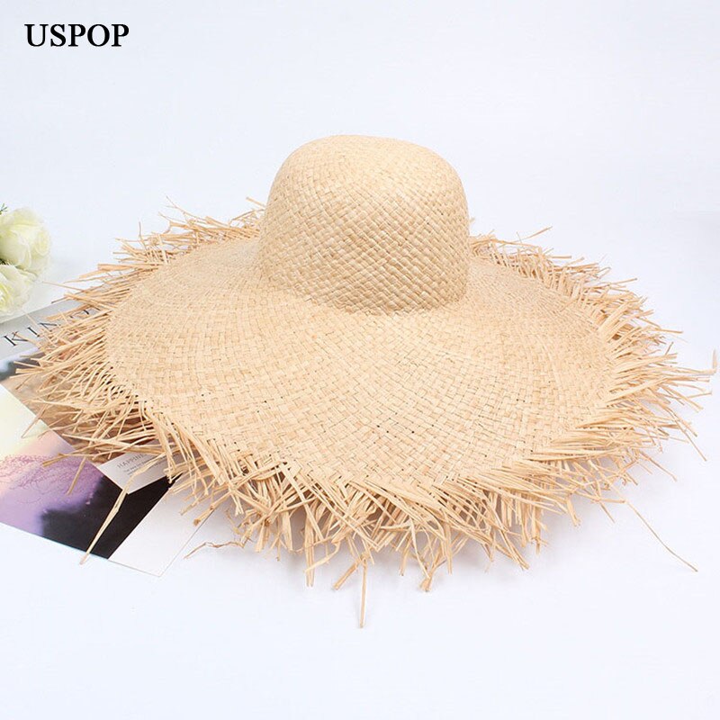 USPOP verano rafia ala ancha sombreros de sol mujeres hecho a mano sombrero de paja verano natural paja playa sombrero casual sombra de protección UV