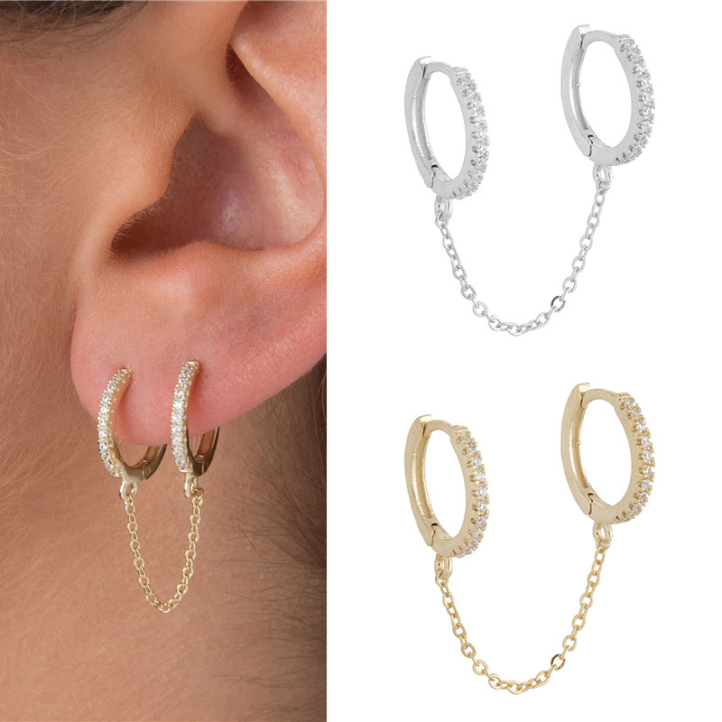 1 par guld-slimfarve to-hullers piercing øreringe strålende krystal zirkon kæde øreringe til kvinder fest smykker