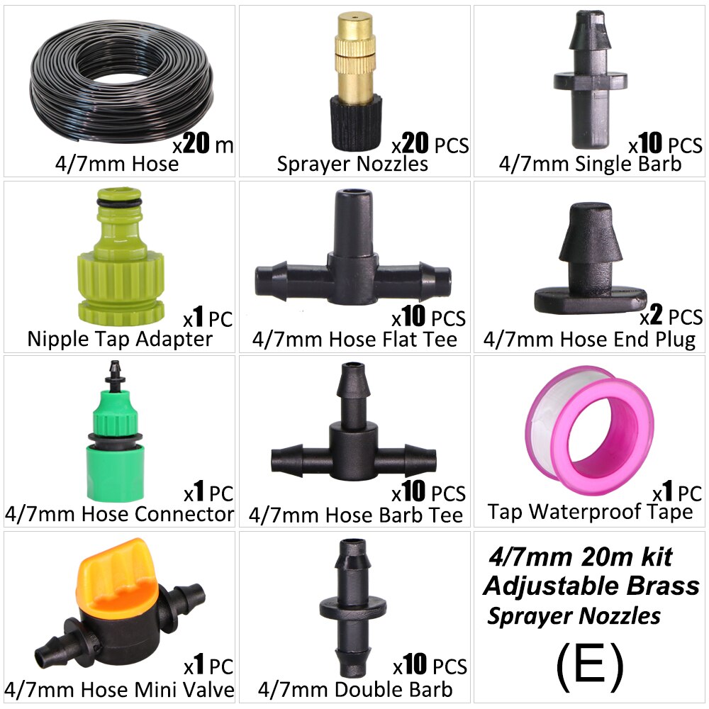 20m Garden Shower Drip Irrigation Sprayer System With Adjustable Watering Nozzle Sprinkler Mist Cooling Automatic Irrigation Kit: E