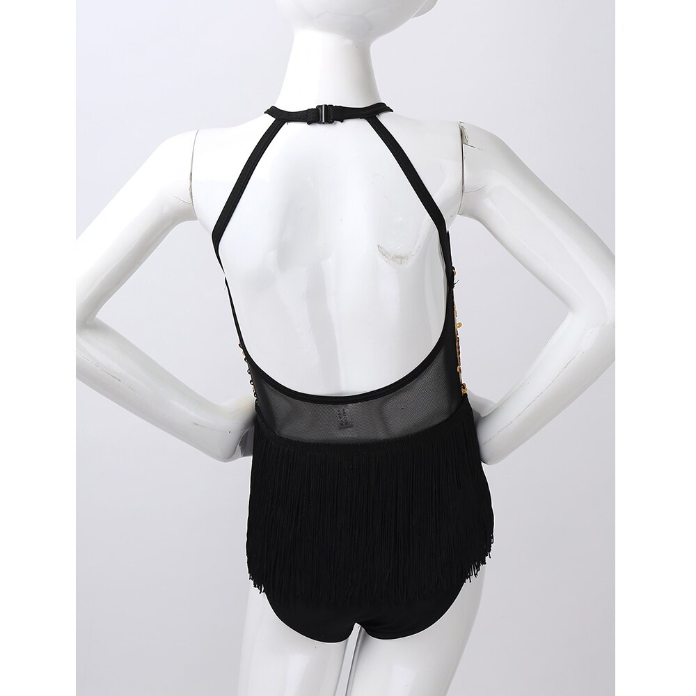 Justaucorps avec jupe à franges pour petites filles, paillettes scintillantes, danse latine, Jazz, col licou, figurine, patinage à glace, Roller, Roller