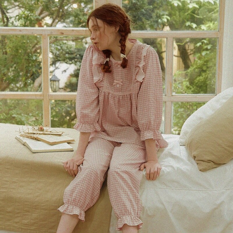 Vintage Cotton Women's Pajamas Sets Long Sleeve Ankel-length Girls Plaid Nightwear Spring Summer Loose Sleepwear Suits