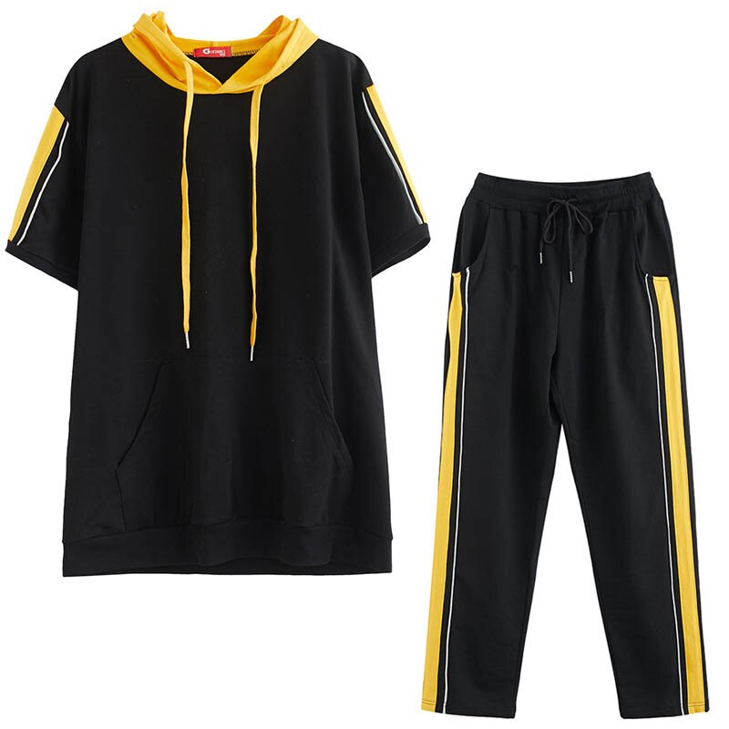 Traje deportivo de talla grande para mujer, traje holgado a rayas con capucha, 150cm, 150cm, 6XL, 7XL, 8XL, 9XL, conjuntos informales de Color negro en contraste