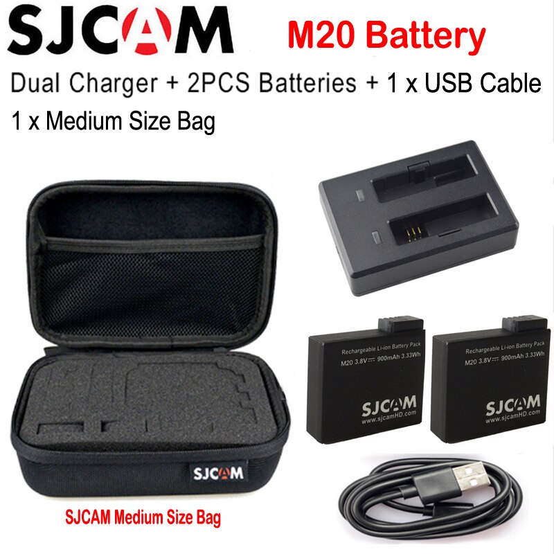 Originele sjcam  m20 batterij  (2 stuks batterijen + dubbele oplader )900 mah oplaadbare li-ion batterij voor sjcam  m20/m20 air action camera: Optie 2