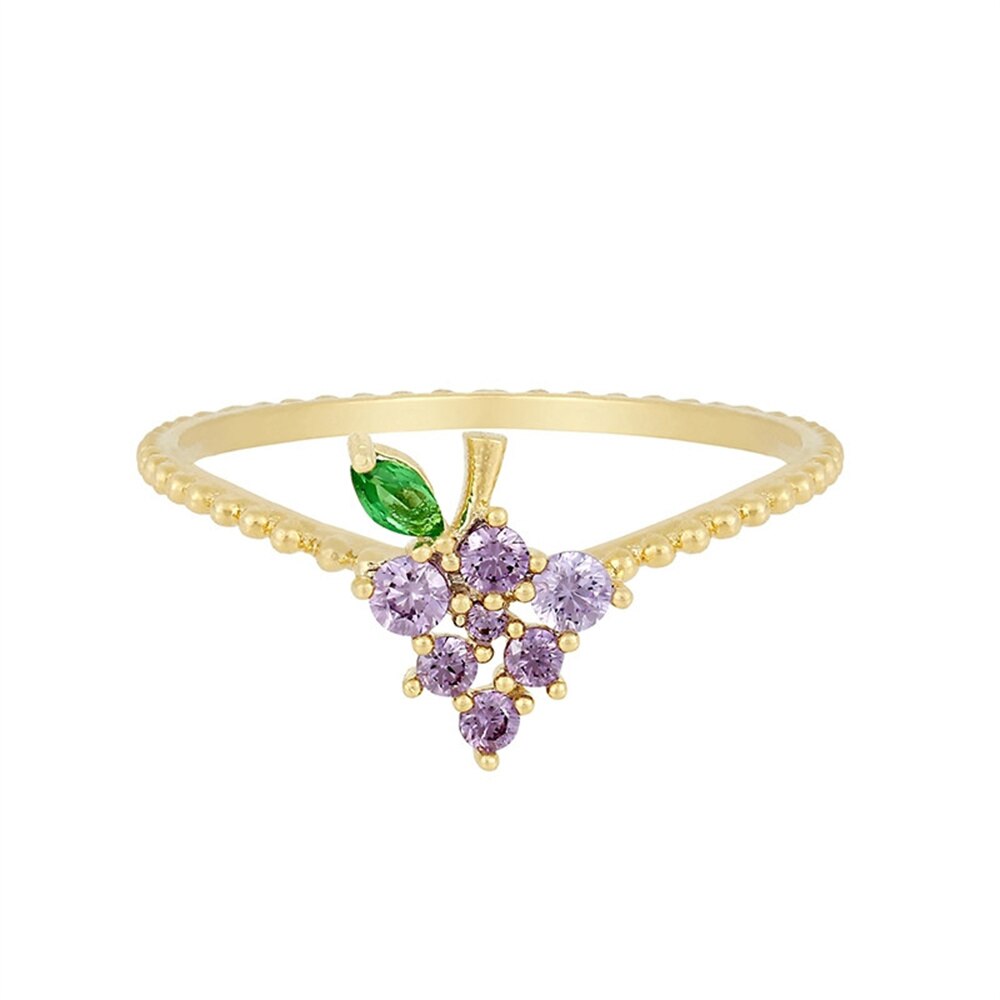 Sweet Crystal Apple Strawberry Cherry Grape Rings for Women Cute Fruit Gold Rings Set Party Jewelry Summer Style: Grape