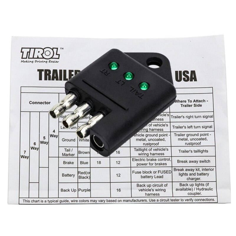 TIROL 4 Pin Trailer Tester Connector Trailer Wiring Tester Straight Trailer Light Wire Circuit Tester