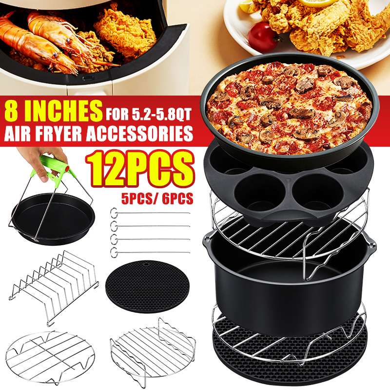 Air Fryer Accessories Set Baking Basket Pizza Plate Grill Pot Kitchen Cooking Tool 8Inch 5.3-5.8QT Deep Fryer Parts