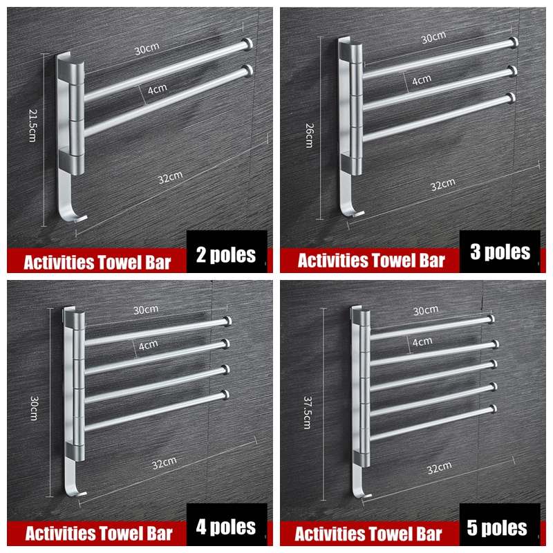 Bathroom Swivel Towel Bar 4-Arm Stainless Steel Swing Hanger Towel Rack with Hook Space Saving Wall Mount Rotating Towel Rail