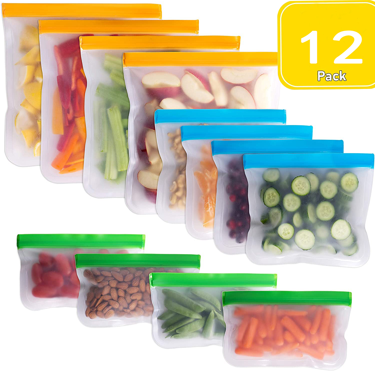 12pcs Reusable Food Storage Bags Flat Freezer Bags Gallon Leakproof Sandwich Grade Snack Bags Lunch Bag for Meat Fruit Veggies