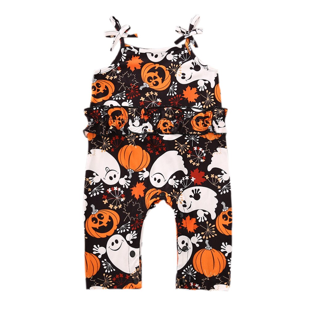 Fokusnorm halloween låve baby jenter takrenne rompers gresskar skrive ut ermeløse kausal jumpsuits 0-24m 4 stil: D / 24m