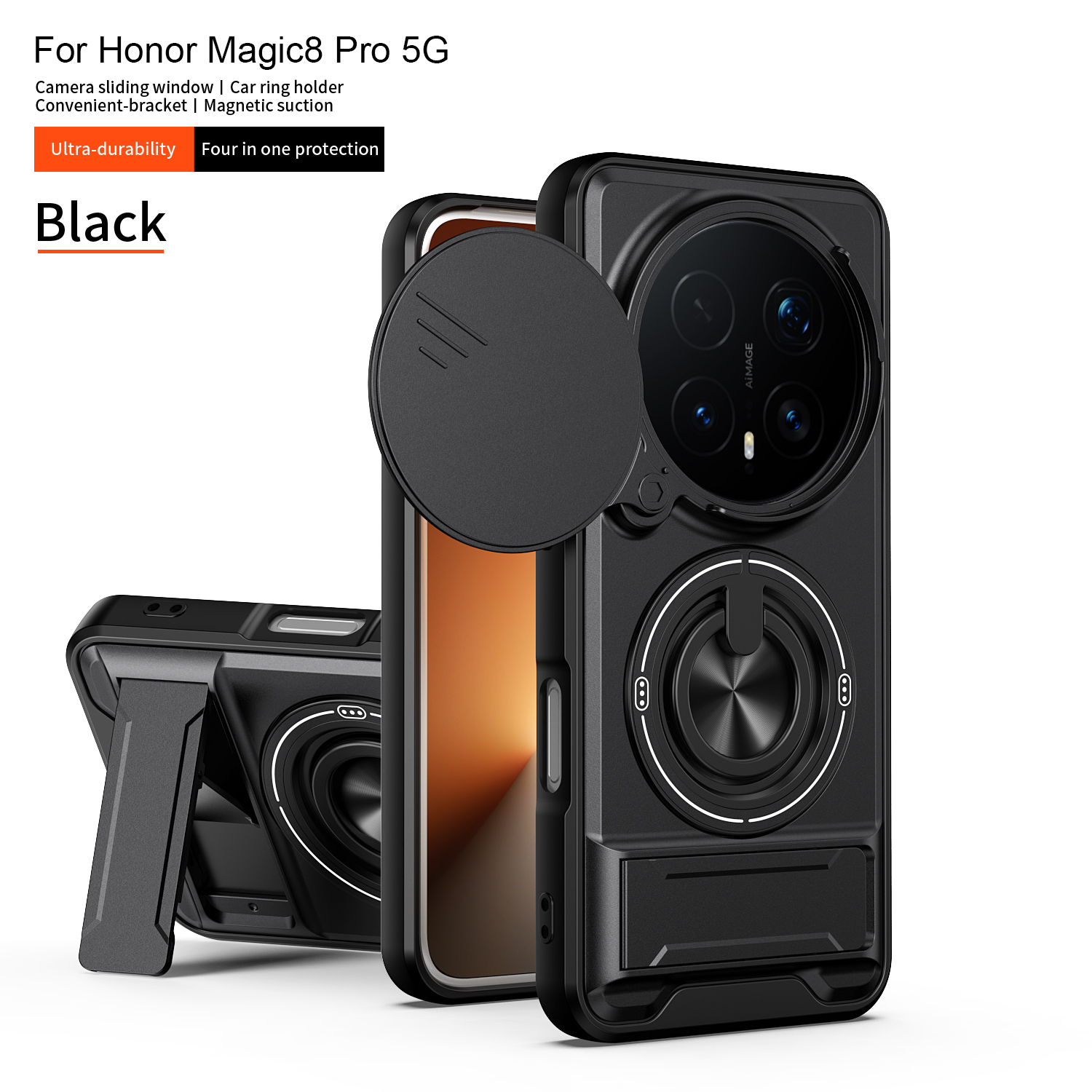 Panzer-Handyhülle für Honor Magic 8 Pro 5G mit Objektivschutz, Magnetring-Ständer und Rückenschale für Magic 8 7 6 5 4 Lite: Baumwollstoff / Beige