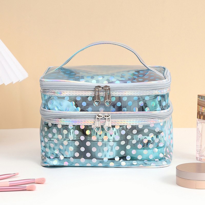 Polka dot transparent PVC double layer makeup bag Multi-functional portable waterproof makeup case large capacity travel storage: Blue