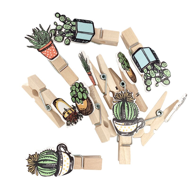 10 Uds de macetas de madera de cactus con cuerda de cáñamo, clip de decoración para habitación, Clips de papel de notas de Cactus bonitos