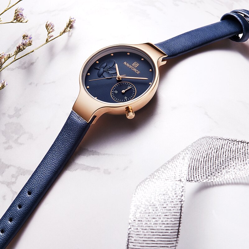 Naviforce Vrouwen Mode Blue Quartz Horloge Lady Lederen Horlogeband Casual Waterdicht Horloge Voor Vrouw