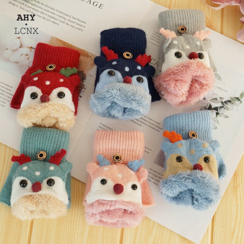 Mitaines de renne de dessin animé pour enfants, hiver , Plus velours, gants tricotés pour bébés filles de 1 à 8 ans