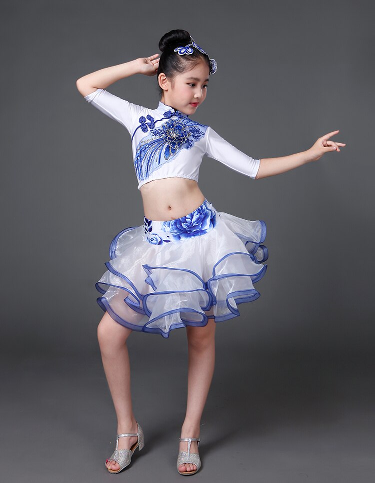 latin dance wear for girls latin salsa dress ballroom tango dresses kids spandex children rumba costumes set skirt white blue