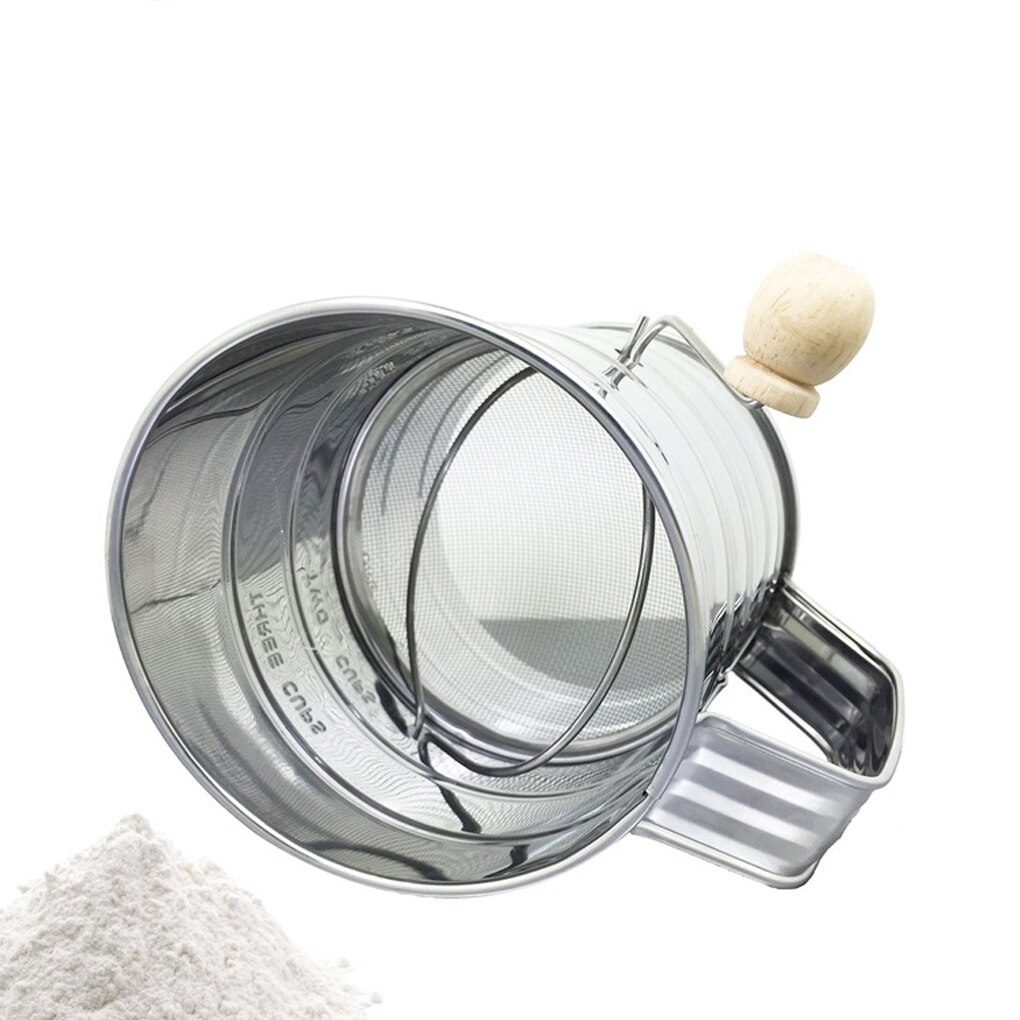 Hand Crank Flour Sifter Stainless Steel 3-Cup Measuring Sugar Powder Sieve Cup Kitchen Sifting Tool