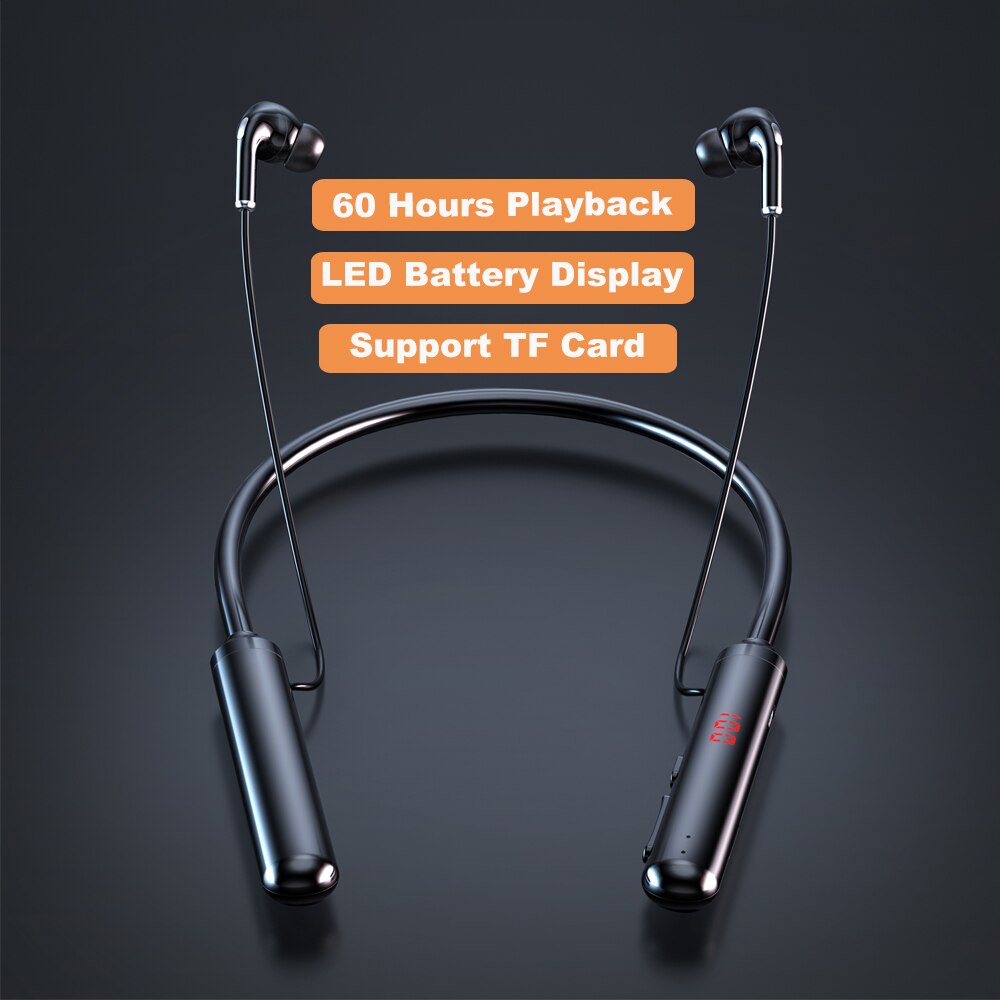 100 Uur Uithoudingsvermogen Bluetooth5.0 Draadloze Hoofdtelefoon Stereo Bass Hoofdtelefoon Nekband Power Led Display Headset Tf Card: 60 Hours Black