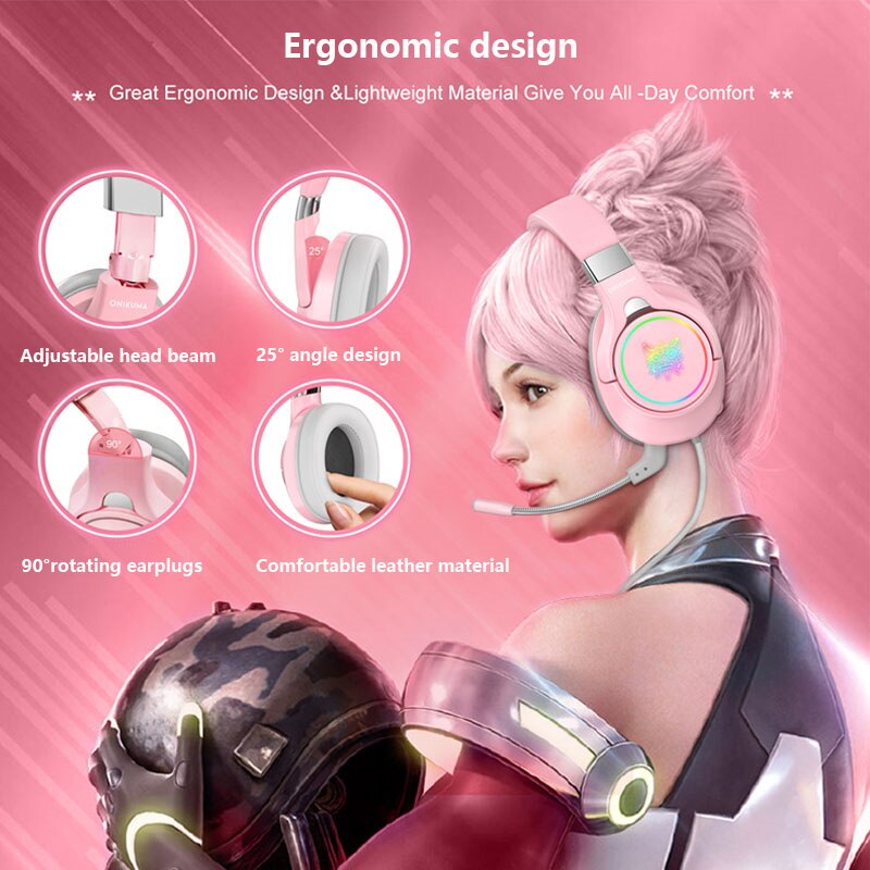 product K15 cute pink head-mounted wired gaming headset with microphone RGB lighting foldable PC stereo headset