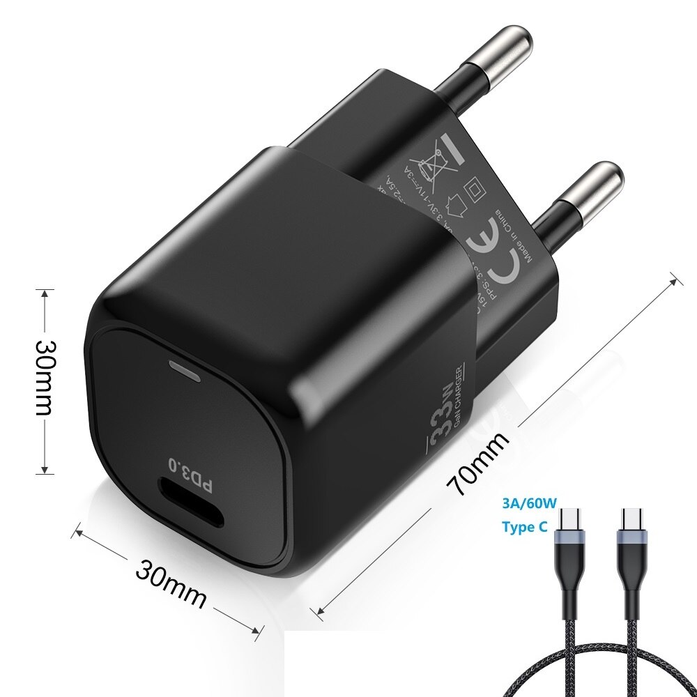 Electop 33W Usb C Gan Charger Met Led Fast Charger Pps Pd 3.0 Type C Fast Charger Voor Iphone 13 12 11 Samsung Laptop Adapter: EU Black C-C Cable