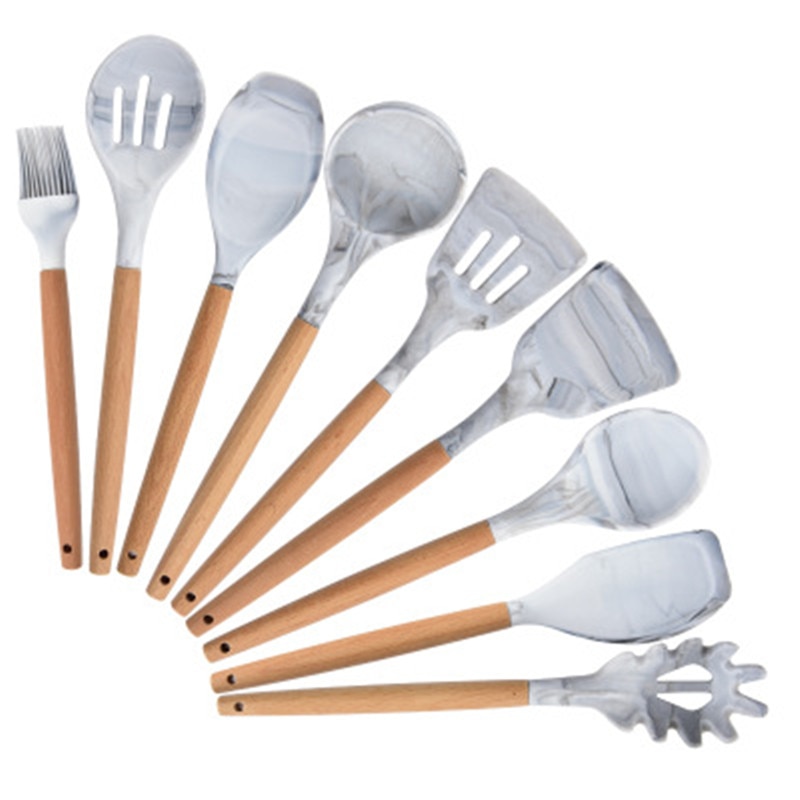 nouveauté 9 pièces ensemble d'ustensiles en Silicone couleur marbre antiadhésif spatule pelle manche en bois ustensiles de cuisine outils de cuisine