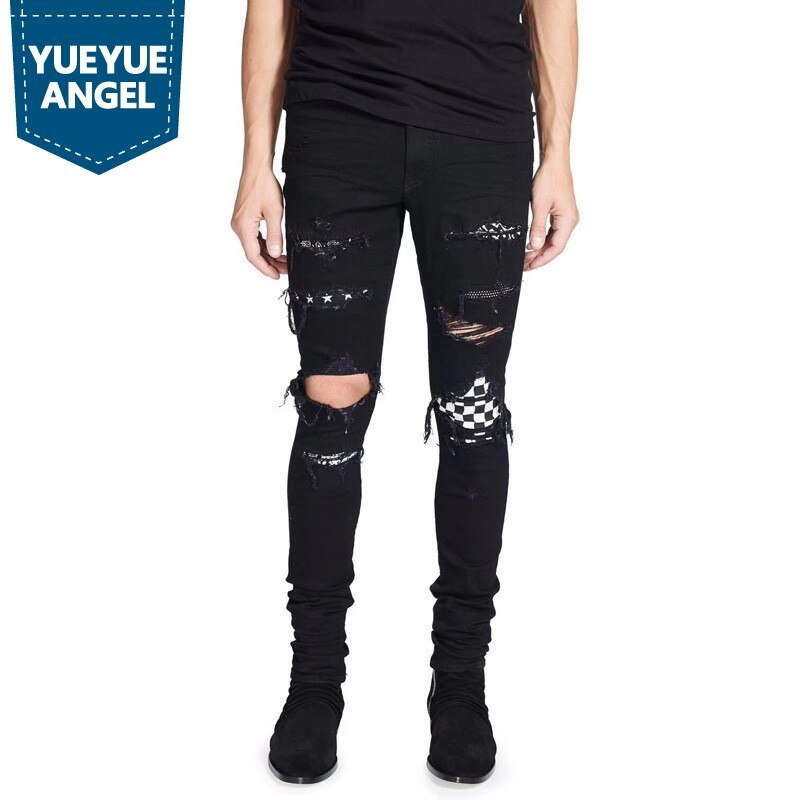 High street herr jeans svart stor storlek hål hip hop jeans herr trasiga punk byxor patch skinny ripped jeans för män