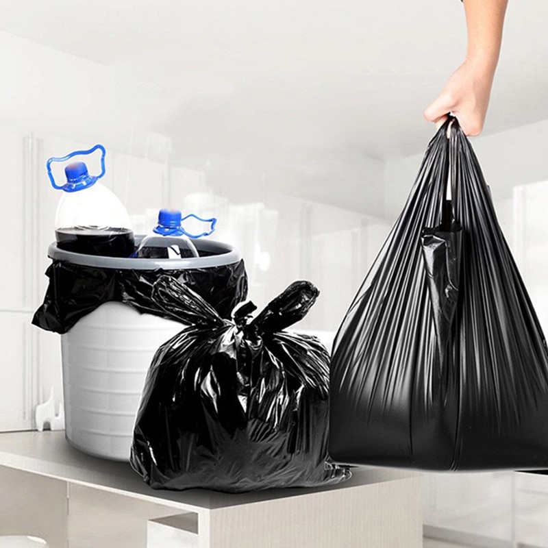 Bærbar sort engangs affaldspose plastik robust t-shirt taske fortykkede købmandsposer holdbare 50 stk