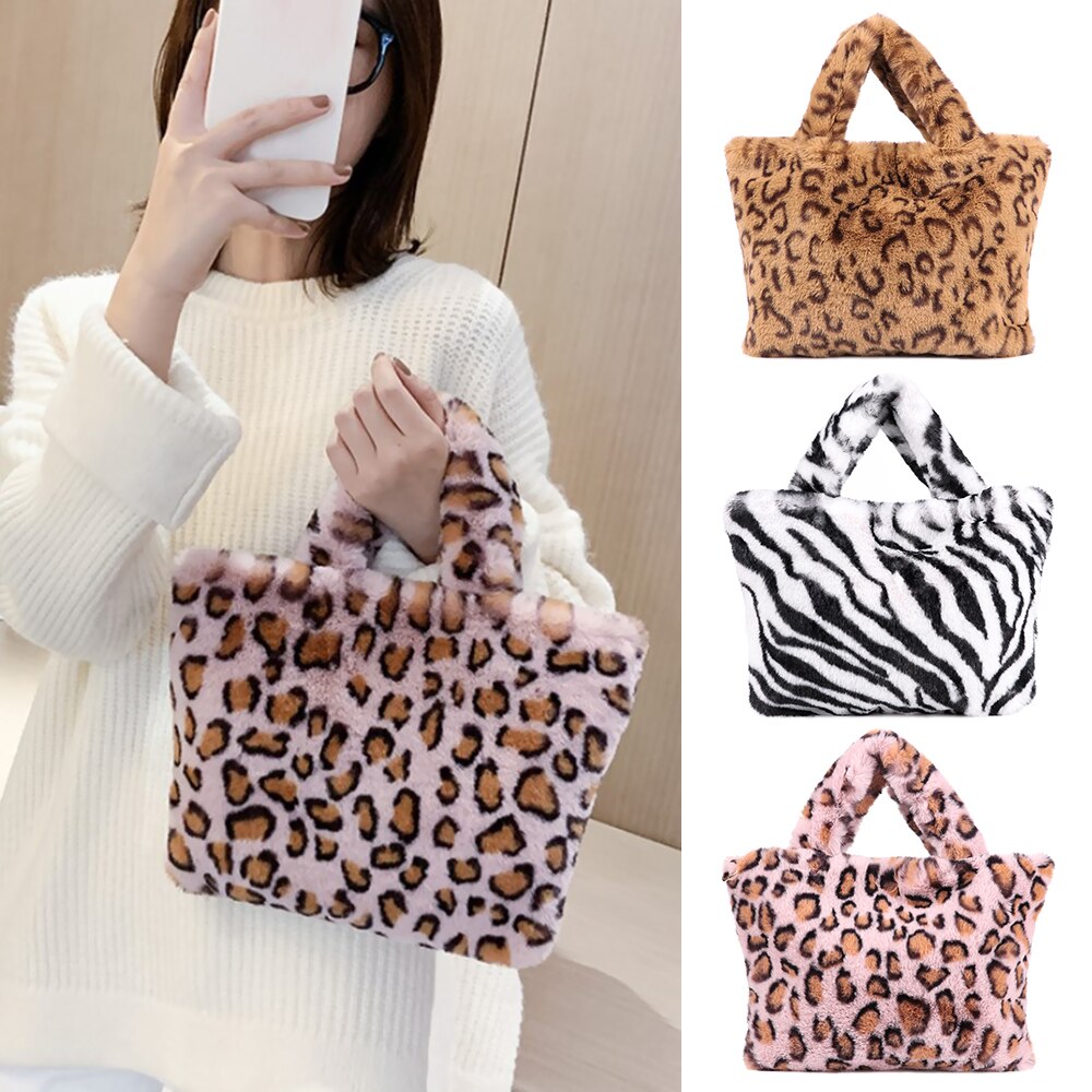 1 pc leopard plysj veske med kjede myk skulderveske for kvinner stor vinter messenger bag varm pels veske