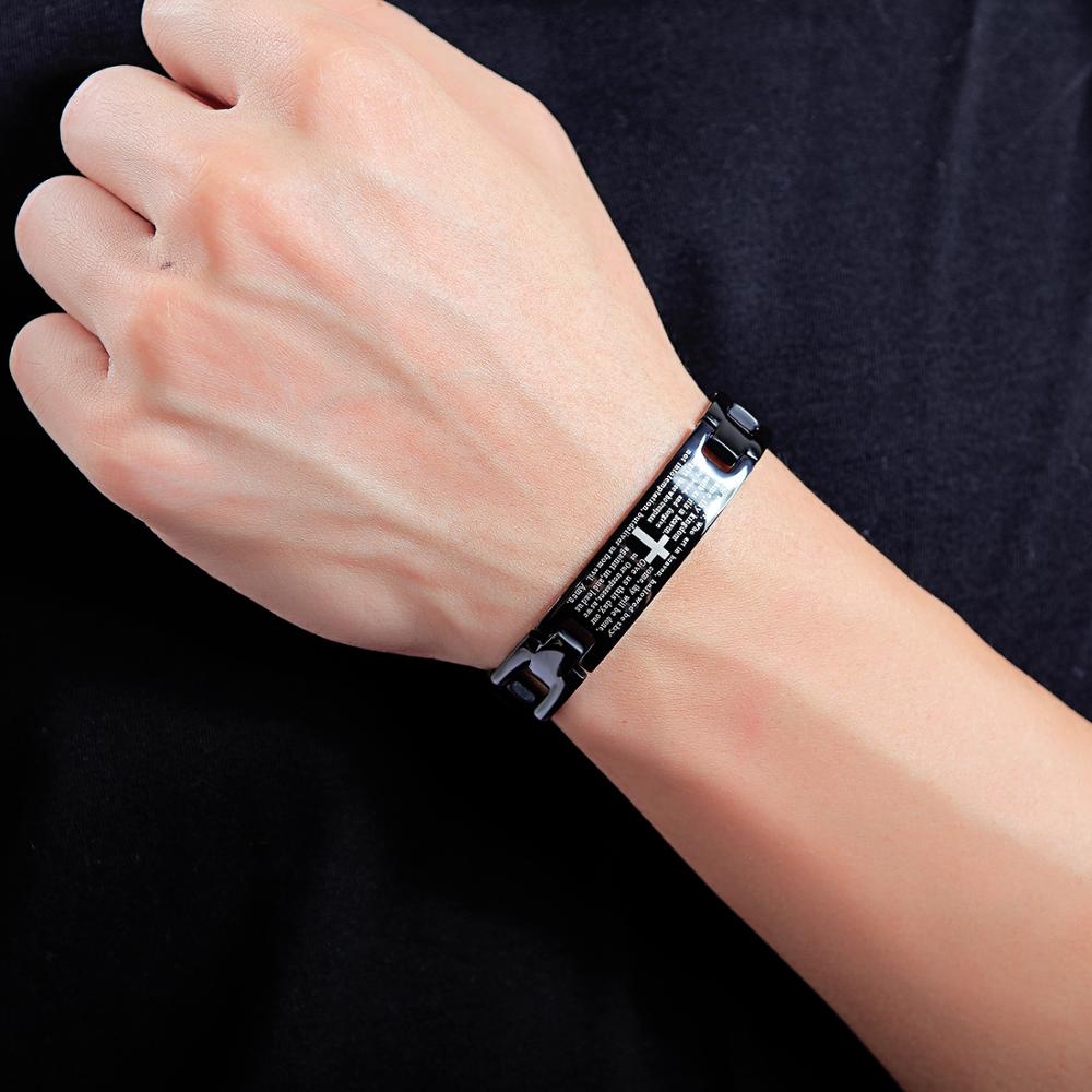 Bijoux fantaisie en acier inoxydable 316L métal anglais espagnol seigneur prière noir mâle hommes Bracelets bracelet