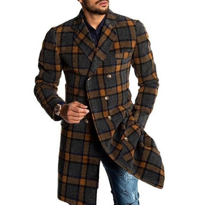 Mannen Houndstooth Gentleman Wollen Jas Modieuze Trenchcoat Revers Overjas Double-Breasted Jas Mid-Lengte Mannelijke Warme Jas: L