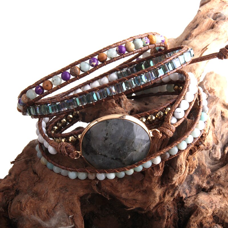 RH Handma Bohemian Jewelry Boho Armbander Natural Stones Big Charm 5 Strands Wrap Bracelets