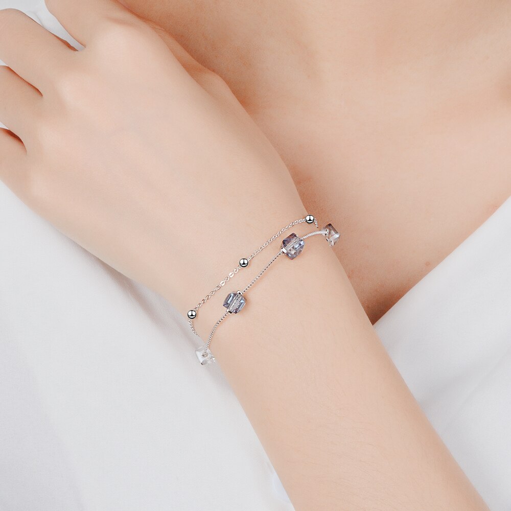 Pulsera anenjary Simple de doble capa cuadrada de cristal sintético caramelo para mujer Color plata joyería de mano S-B222