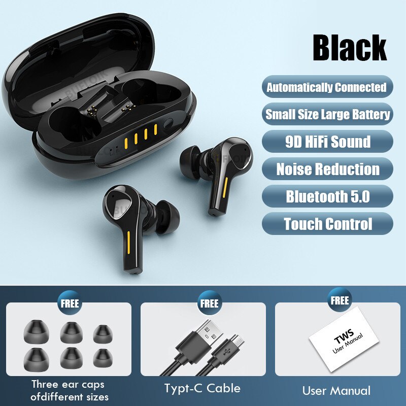 Bluetooth 5.0 Koptelefoon Waterdichte Draadloze Hoofdtelefoon Hd Stereo Sport Oordopjes Touch Control Bluetooth Headsets Met Microfoon: Black