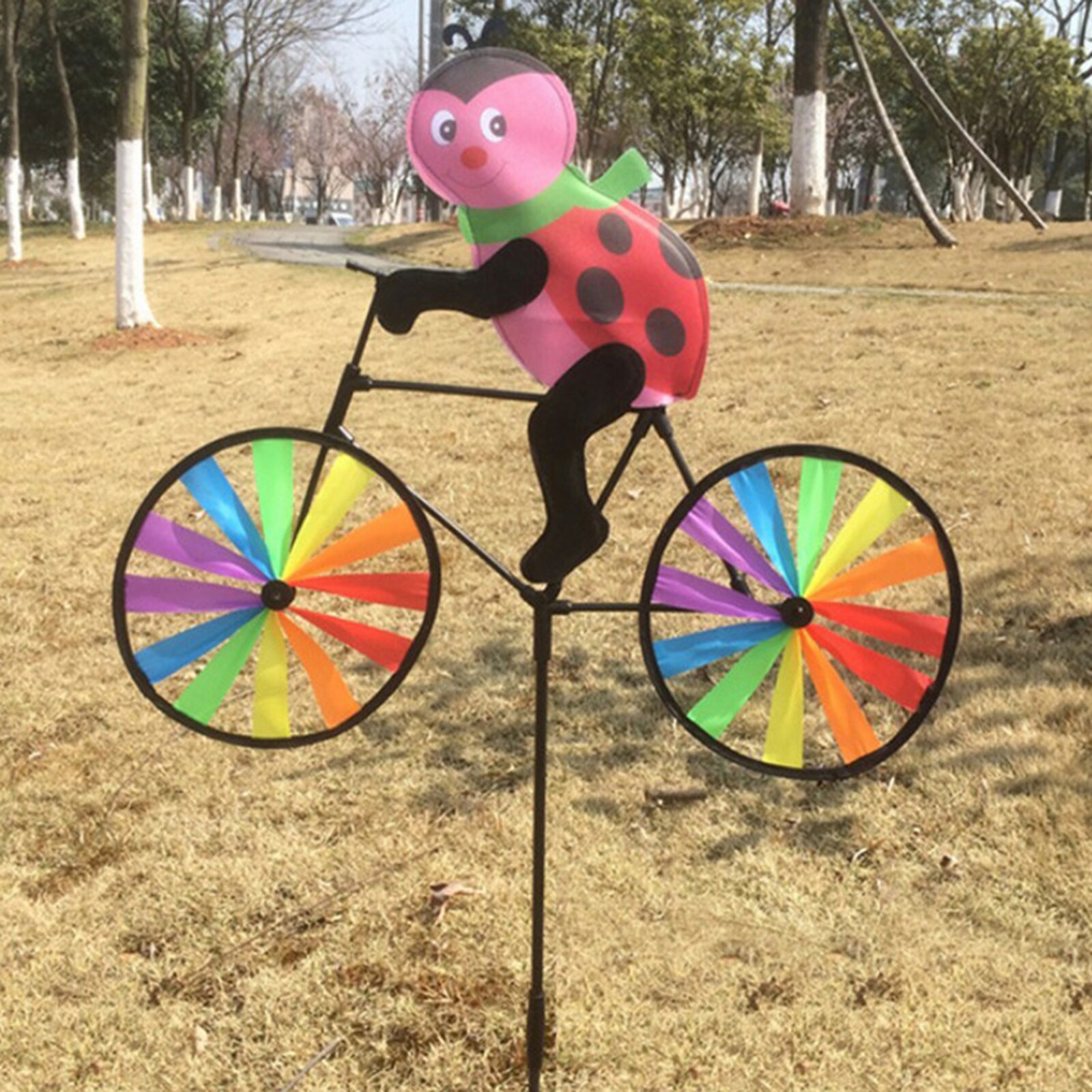 Cute Ladybird Bike Windmill Whirligig Garden Lawn Yard Decor Wind Spinner