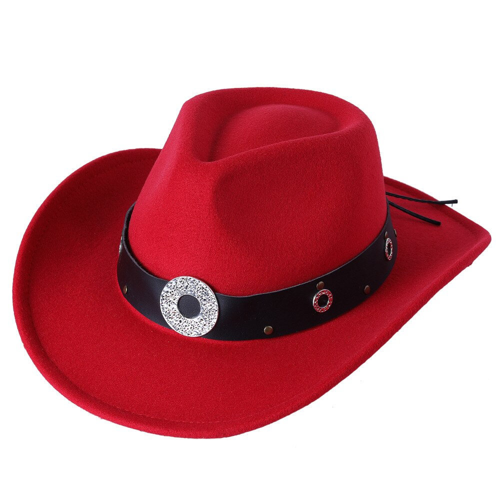 Sombrero de ala ancha con cinturón para hombre y mujer, gorro cálido de Jazz, Color sólido, para invierno y otoño: Rojo