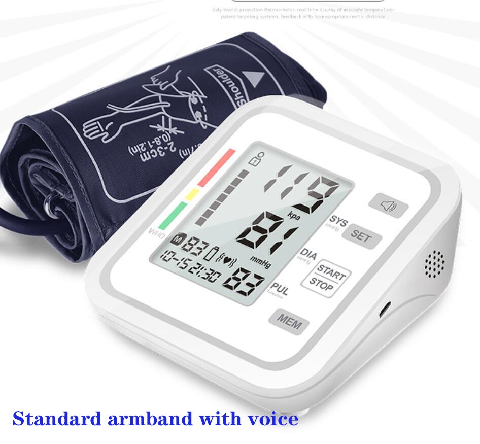Engelsk intelligent overarms blodtryksmåler hjemmeblodtryksmåler automatisk blodtryksmåler med stemme: Standard med stemme