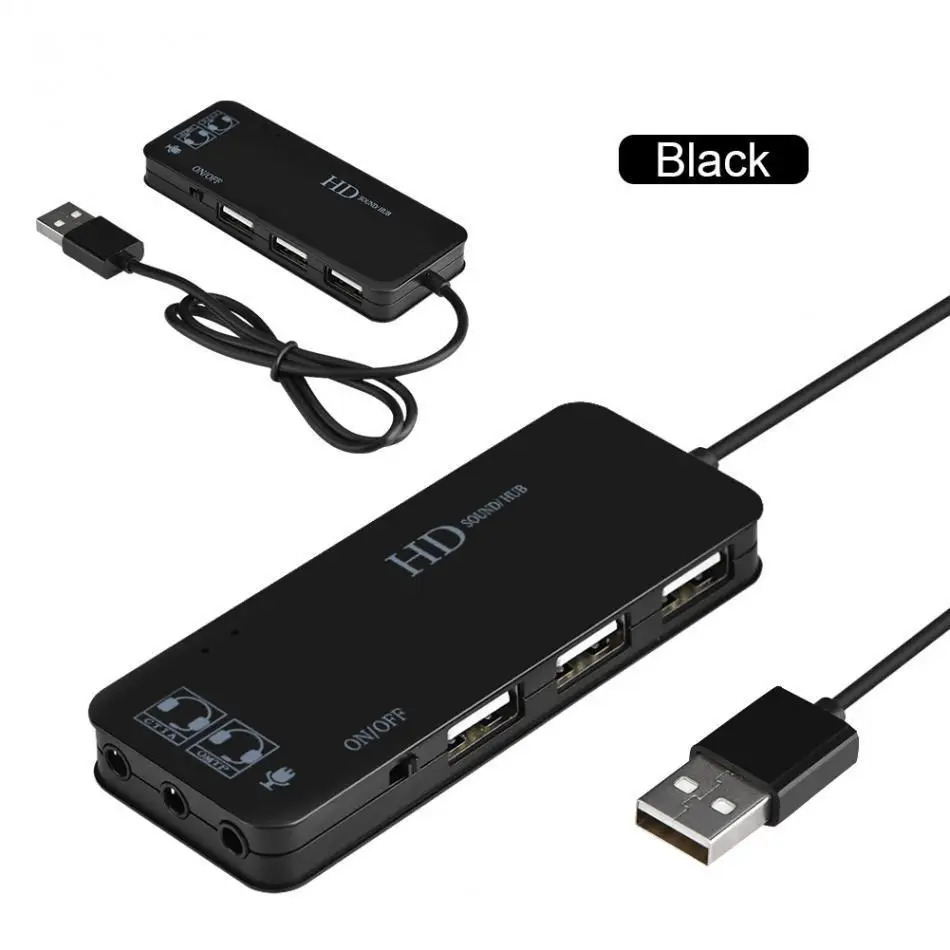 USB 2.0 Hub Audio Adapter External Stereo Sound Card With 3.5mm Jack Headphone Microphone For Windows Linux Laptop Desktop PC: black