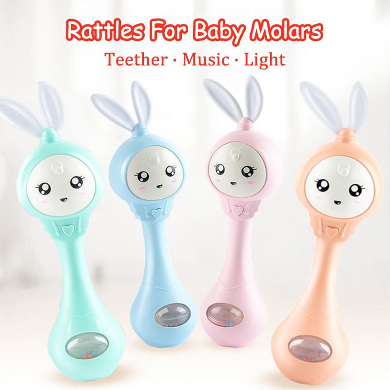 Baby Bunny Rattles Musical Shakers Smooth Hand Drums Molar Teeth Bells Rattles Bites Chews Grasp Training 0-12 Months Baby Toys