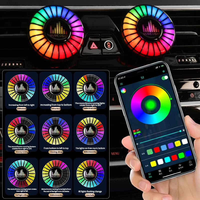 24 LED światło RGB kontrola dźwięku rytm głosu Ambient Pickup lampa dla dyfuzor samochodowy zacisk wentylacyjny odświeżacze powietrza kontrola aplikacji zapachowej