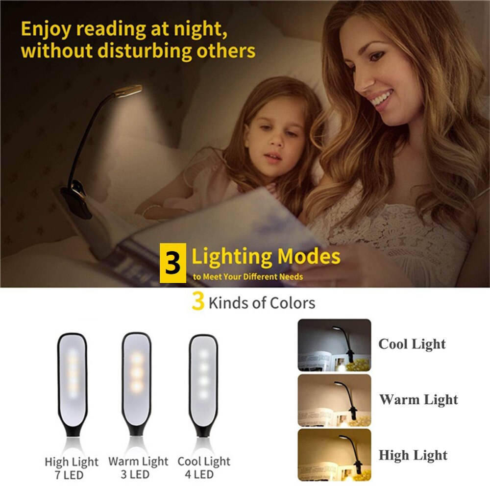 Genopladeligt boglys mini 7 led læselys 3- niveauer varm kølig hvid fleksibel let klipslampe læse nat læselampe i sengen